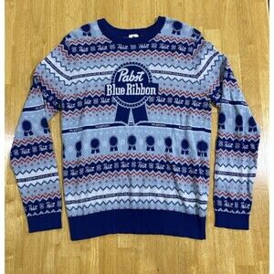 Pabst Blue Ribbon Ugly Christmas Sweater Fair Isle Knit Blue Size Adult XL B13